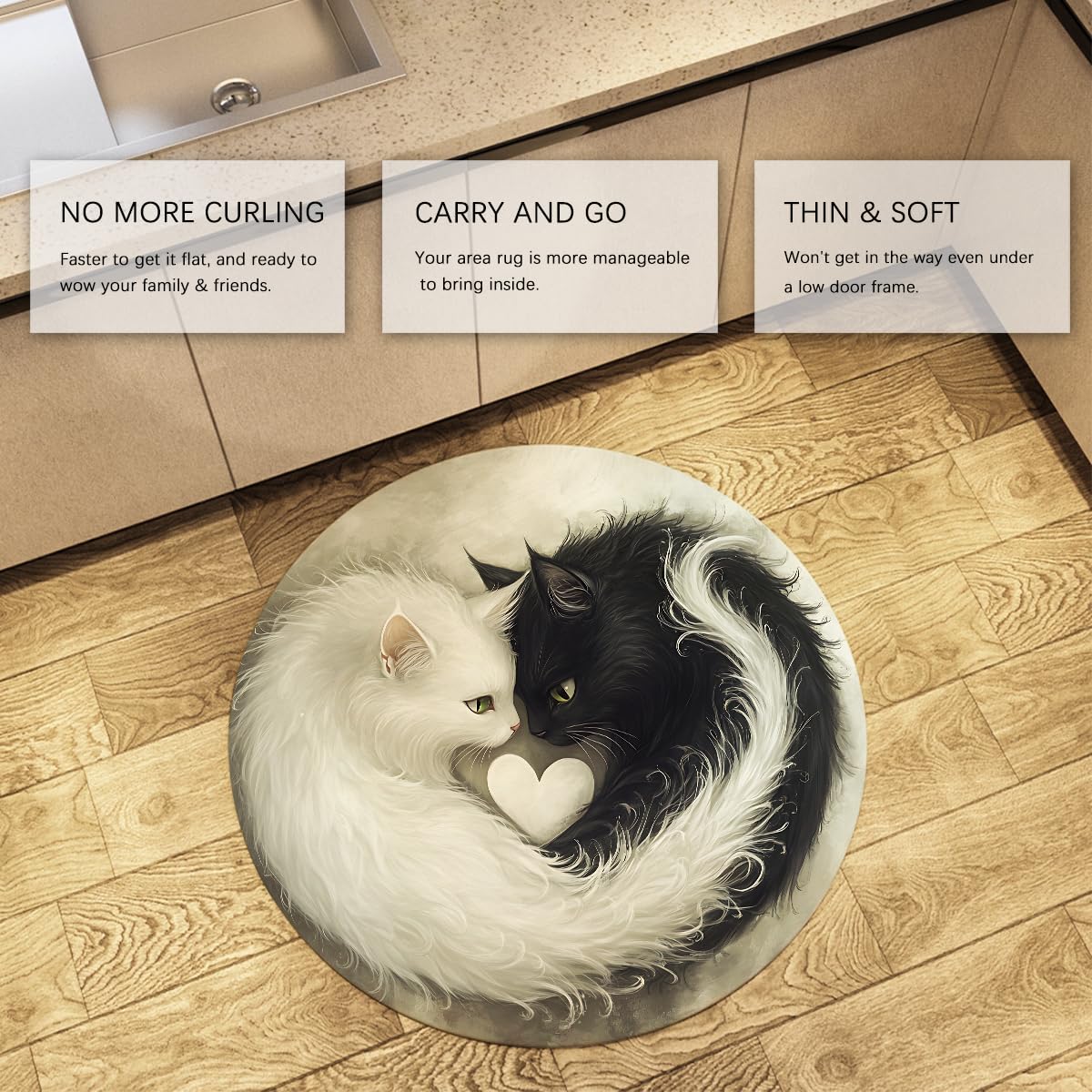 Tapis Rond Lavable de Style Noir et Blanc 120cm Motif de Chat Mignon Tapis de Cercle de Sol intérieur antidérapant à Poils Ras pour Chambre à Coucher Salle de conférence