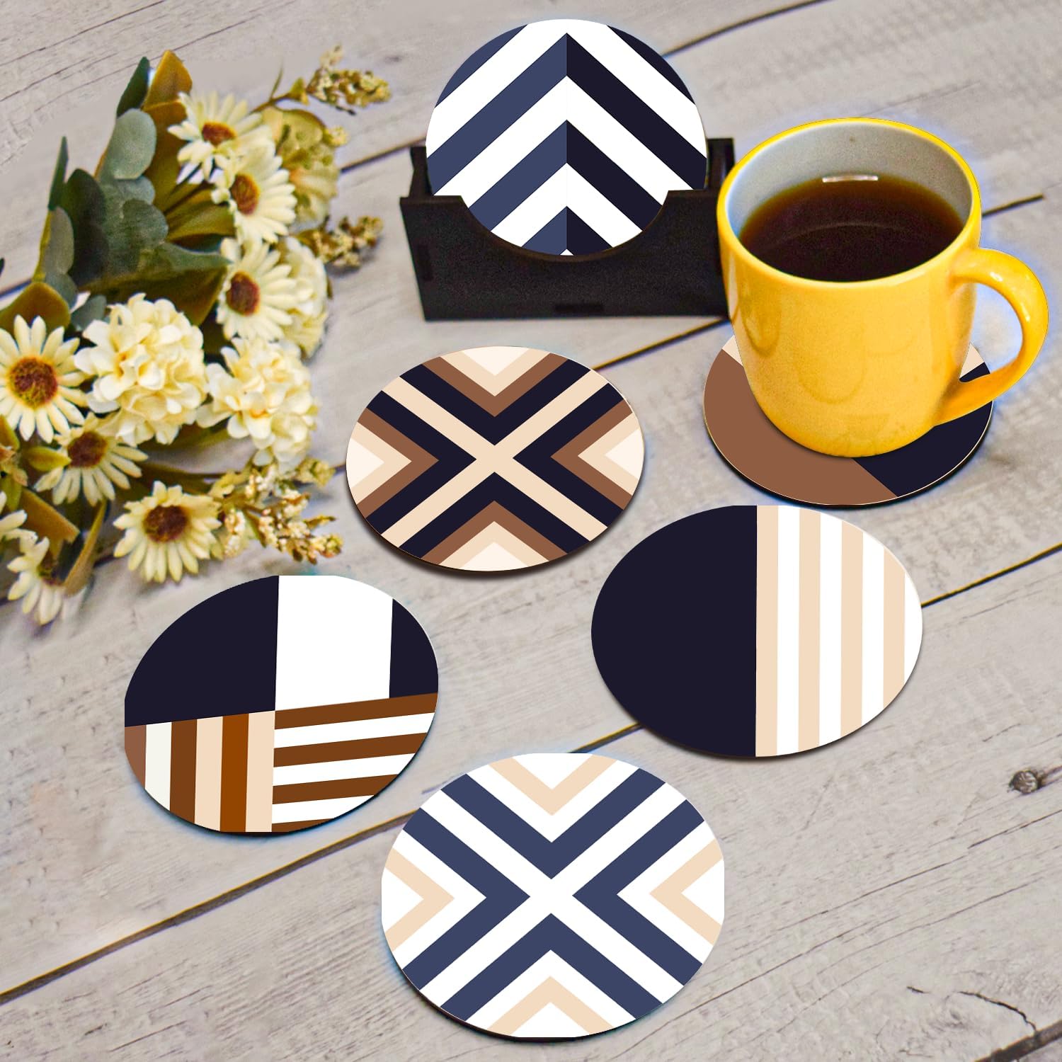 Tea Coasters Set of 6, Beautiful Design with Stand for Tea Cups, Coffee Mugs, and Glasses, Ideal for Gifting (Chevron)