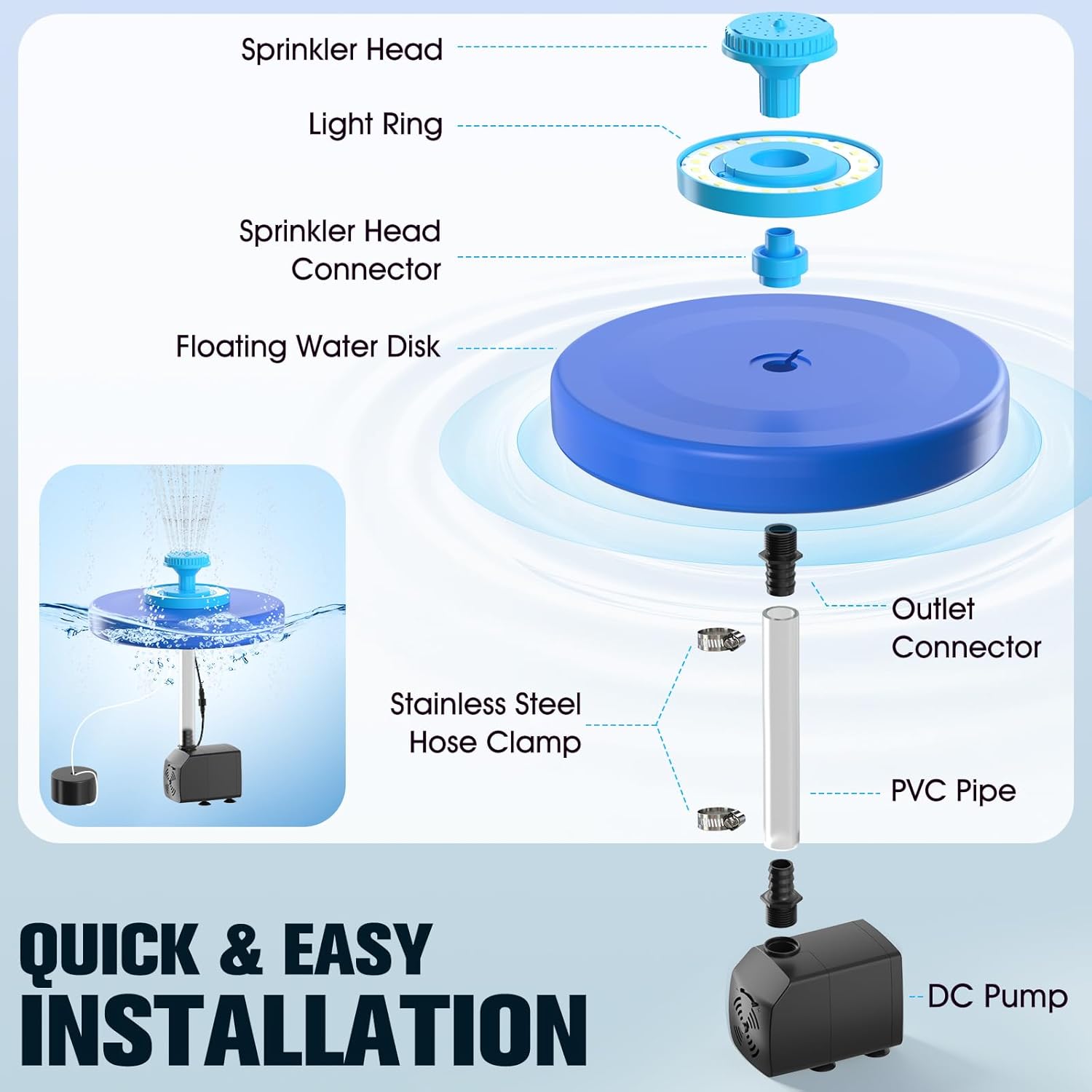 Large Pond Fountain,Floating Pool Fountain with LED Lights,Big Floating Water Fountain Pump,Pond Fountain Aerator with Anchor,Outdoor Pool Water Feature for Pond,Garden (Corded Electric,33FT Cord)