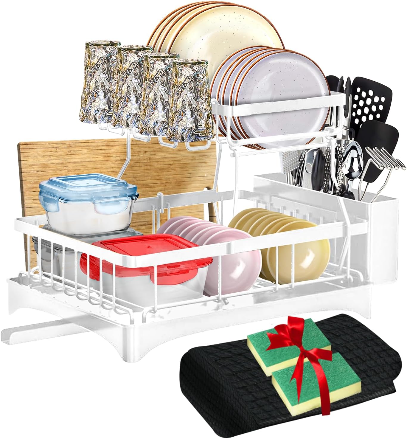 DINEST 2 Tier Dish Drying Rack with Drainboard – Rust Resistant Iron Kitchen Dish Rack with 270° Rotating Spout, Utensil & Plate Holders – Compact Drying Rack for Kitchen Counter - White
