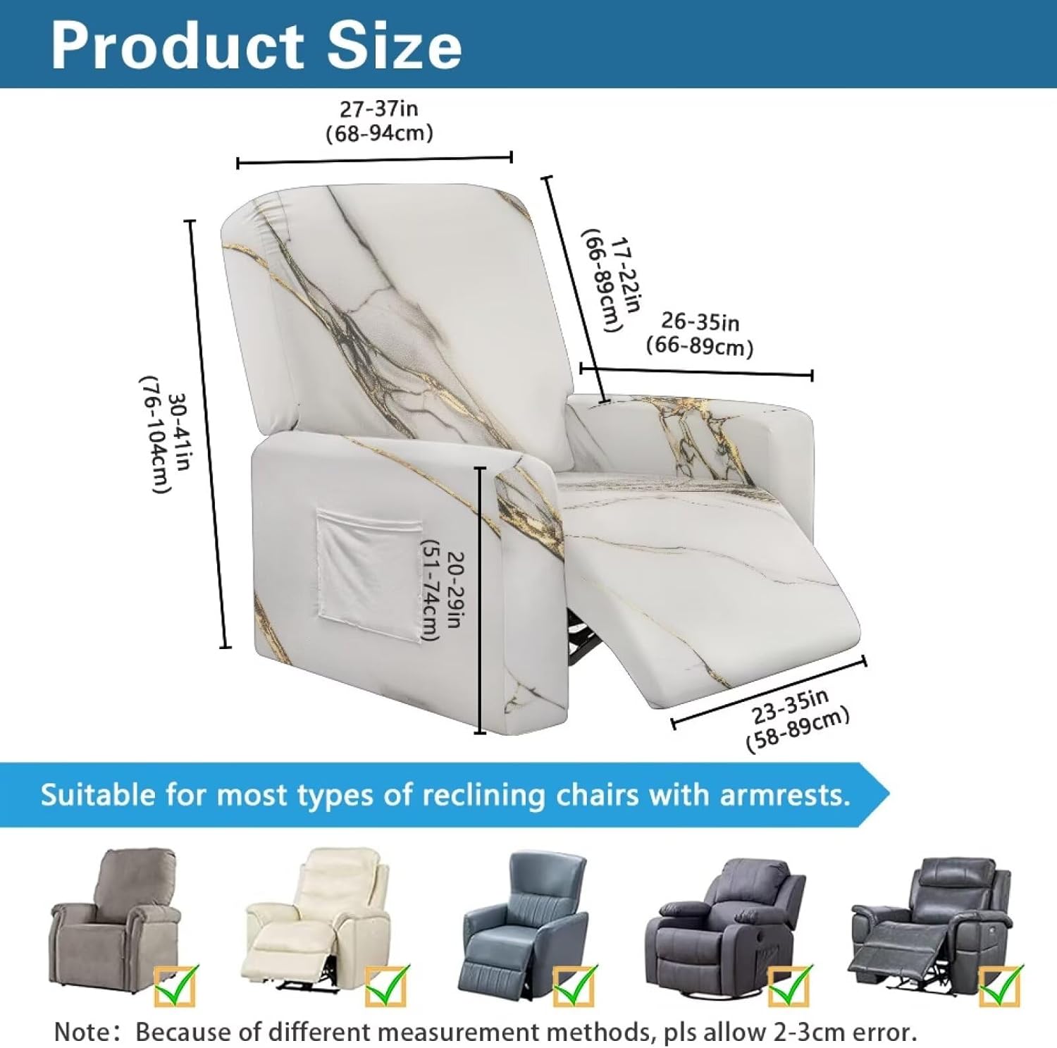 White Marble Stretch Chair Sofa Slipcover – Recliner Couch Cover with Pockets, Washable Skin-Friendly Fabric, Non-Slip Fit for Lazy Boy & Standard Recliners
