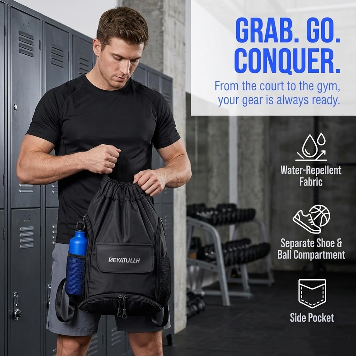 Gym Drawstring Backpack with Basketball Soccer Compartment Bag