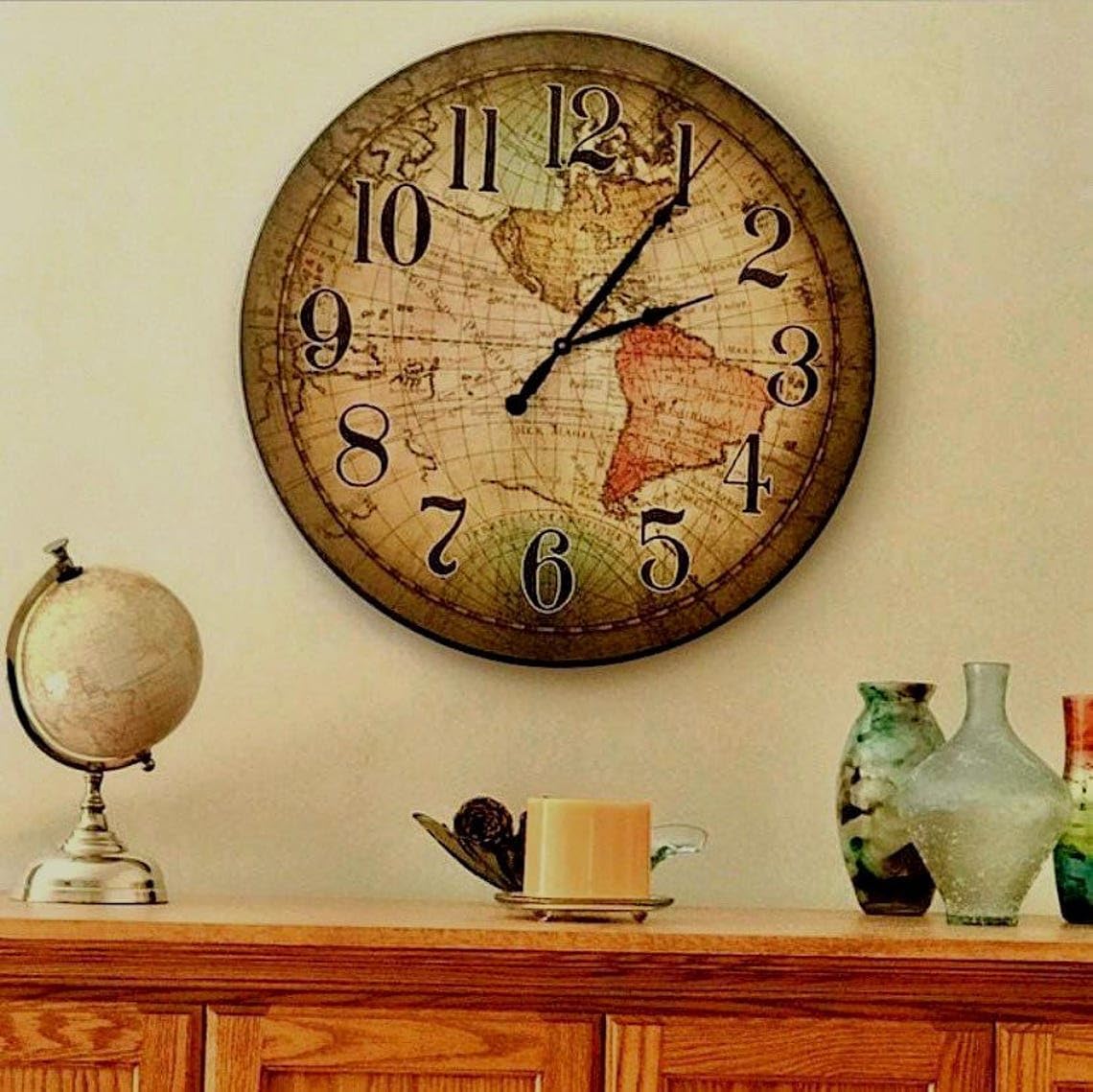 Vincenzo World Map Wall Clock | Ultra Quiet Quartz Mechanism | Hand Made in USA Beautiful Crisp Lasting Color | Comes in 8 Sizes | 12-Inch