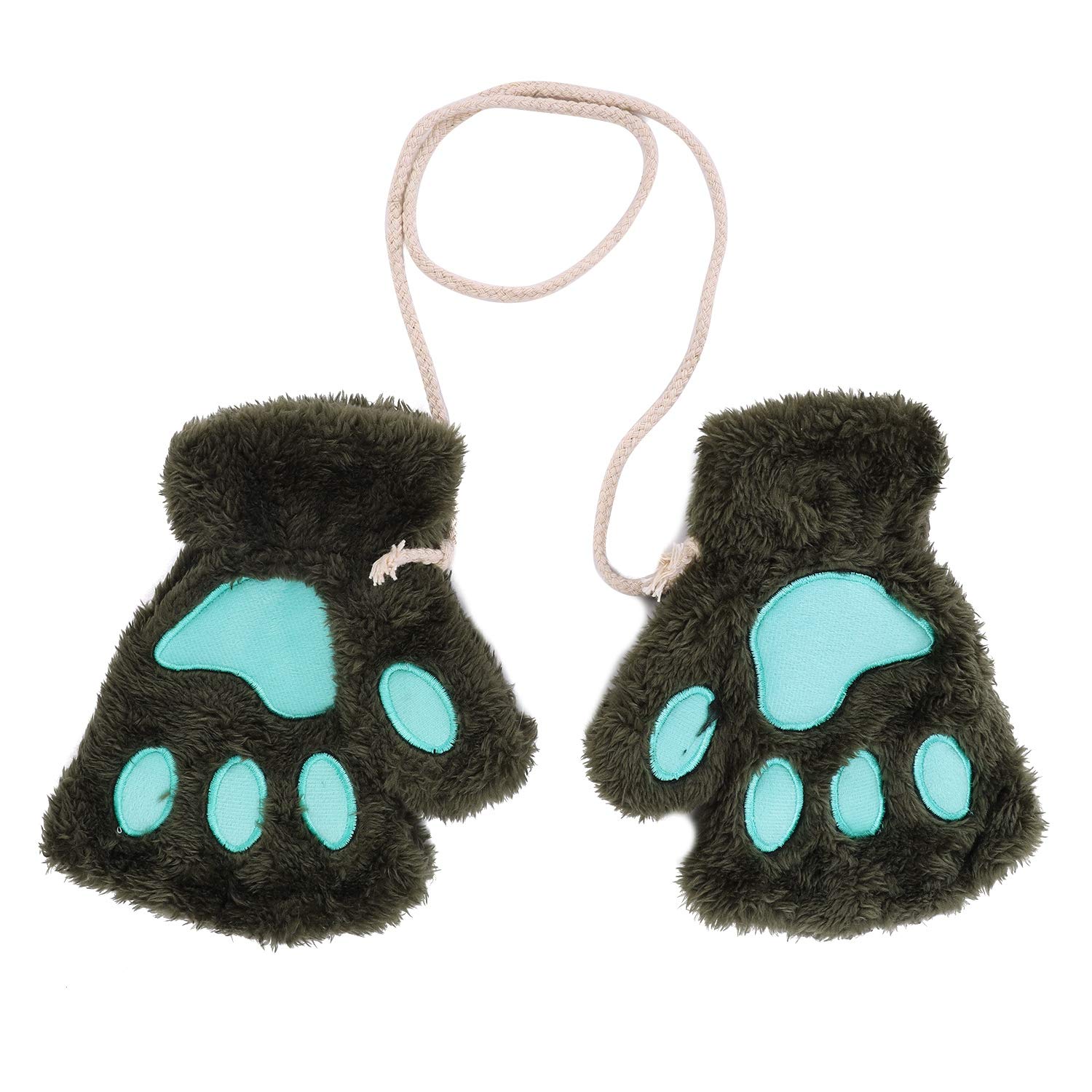 Warm Plush Gloves - Cute Bear Paw Fingerless Mittens with Anti-lost String - Hand Warmer for Outdoor Sports & Touchscreen Typing