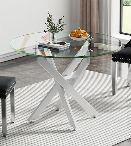 Miniatura 108 de Mesa de comedor de cristal de 51 pulgadas para 4, mesa de comedor rectangular contemporánea con parte superior de vidrio templado y patas de acero