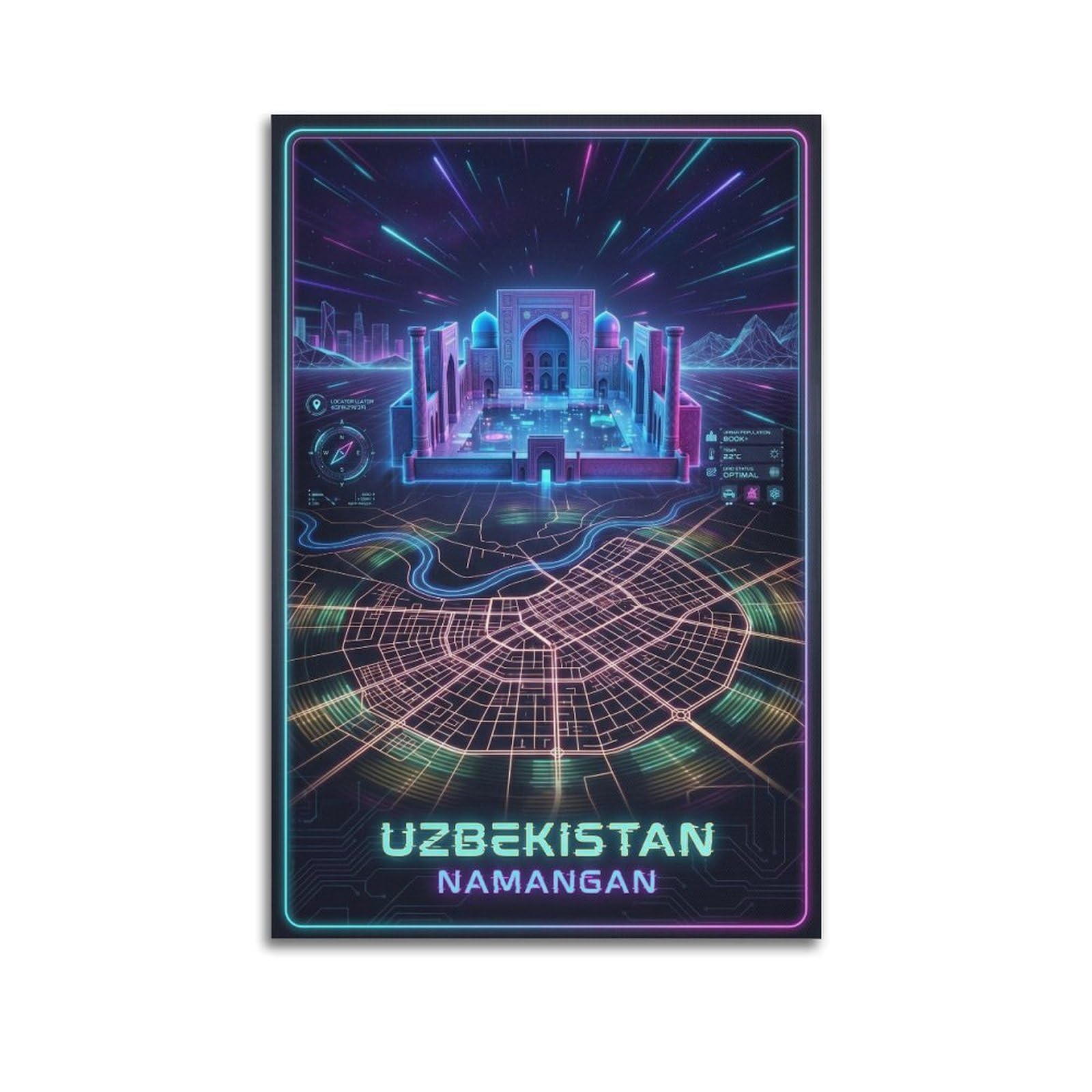 XKUGA Uzbekistan Khoja Amin Neon City Synthwave Map Poster Modern Decorative Canvas Prints - Ideal Wall Art for Family, Man Cave, Game Room, Boys & Girls Bedroom 24x36inch(60x90cm)