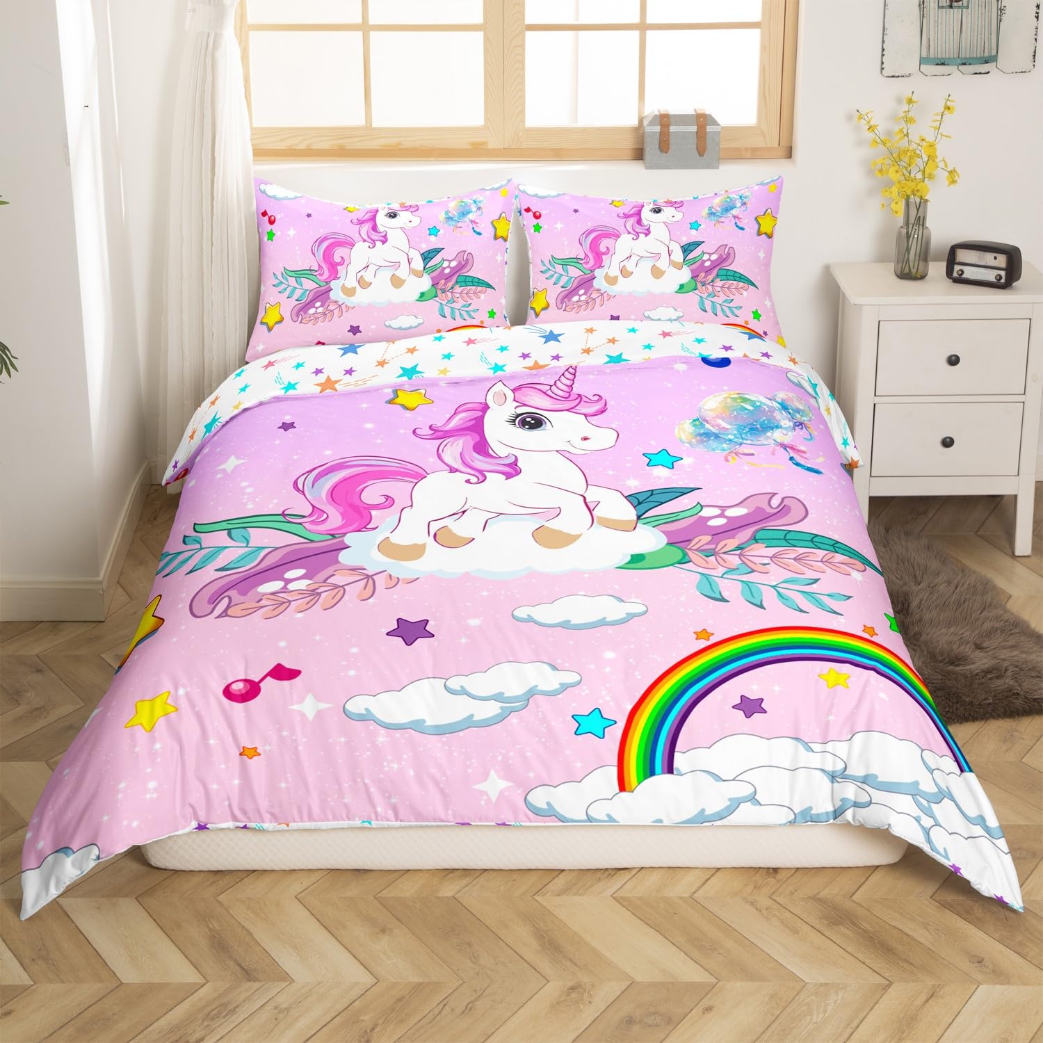 Housse de couette licorne 140x200cm, le cadeau idéal pour chambre fille rose