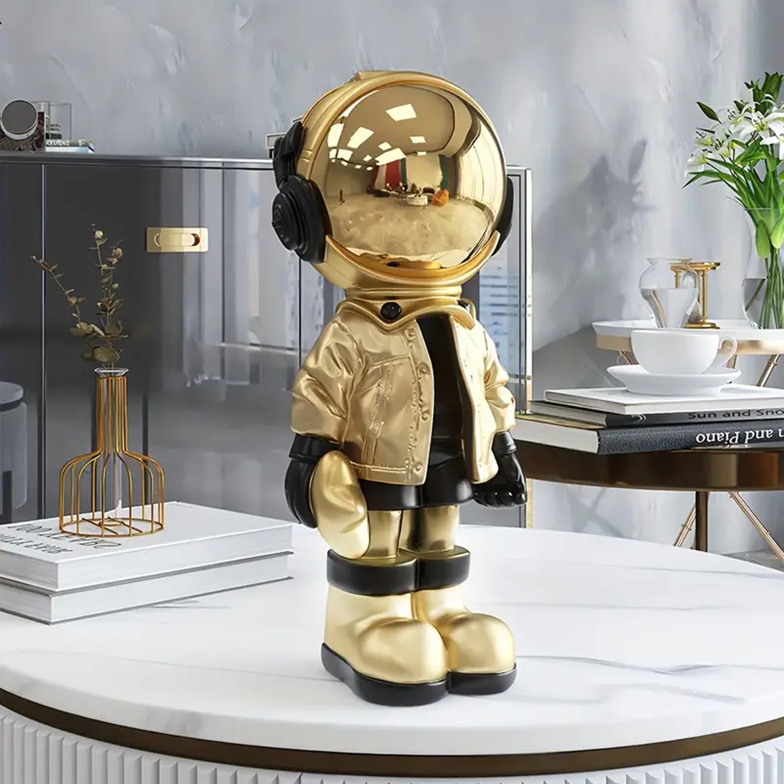 Figura de astronauta de resina con espejo y detalle de estrella, escultura de astronauta para decoración de interiores, adorno de escritorio, escritorio de oficina