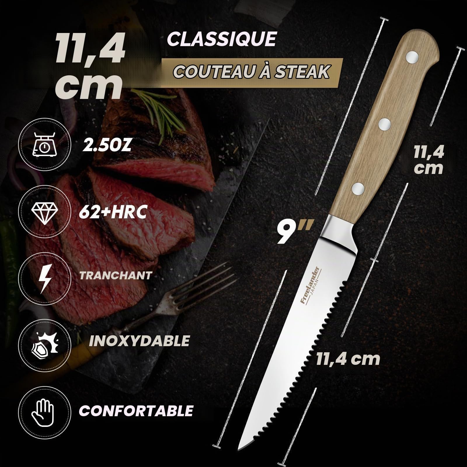 Freelander Lot de 4 Couteaux à Steak Dentelés avec Manche en Bois | Lames Dentelées Tranchantes, Manche Ergonomique en Bois, Idéal pour Steak, Viande et Repas Quotidiens