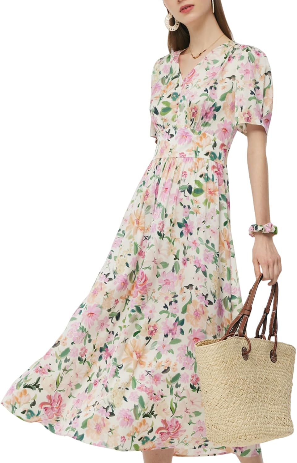 Women's 19MM Mulberry Silk Floral Maxi Dress Summer V-Neck Short Puff Sleeves Smocked Waist Vacation Flowy Sundresses