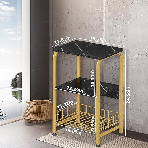 Miniatura 3 de YAHARBO Mesa auxiliar negra y dorada, mesa auxiliar pequeña de 3 niveles con cesta de almacenamiento, mesita de noche moderna con marco de metal y