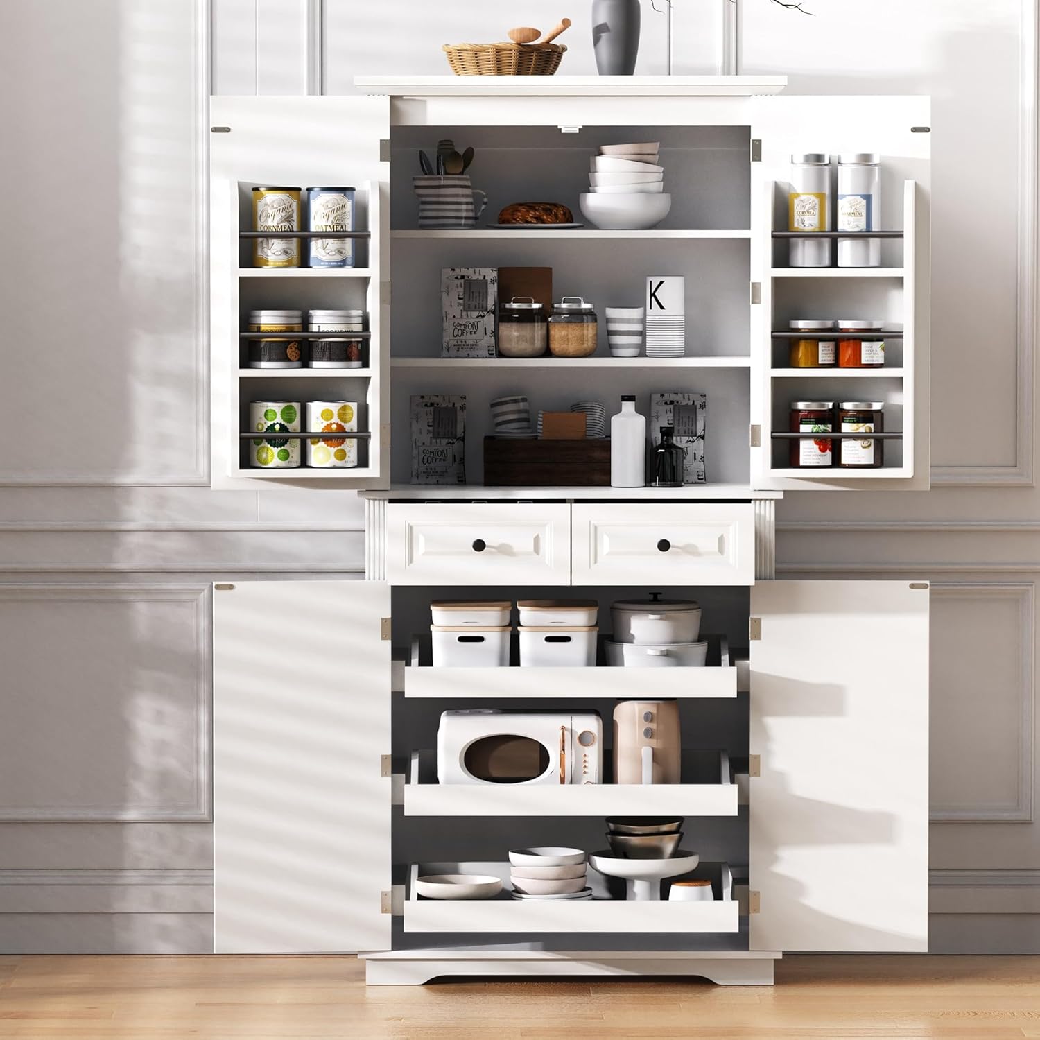 71" Tall Kitchen Pantry Cabinet with 3 Pull Out Organizers, Farmhouse Storage Cabinet with 6 Door Shelves,2 Drawers,Freestanding Cupboard for Kitchen Dining Room (White-@01)