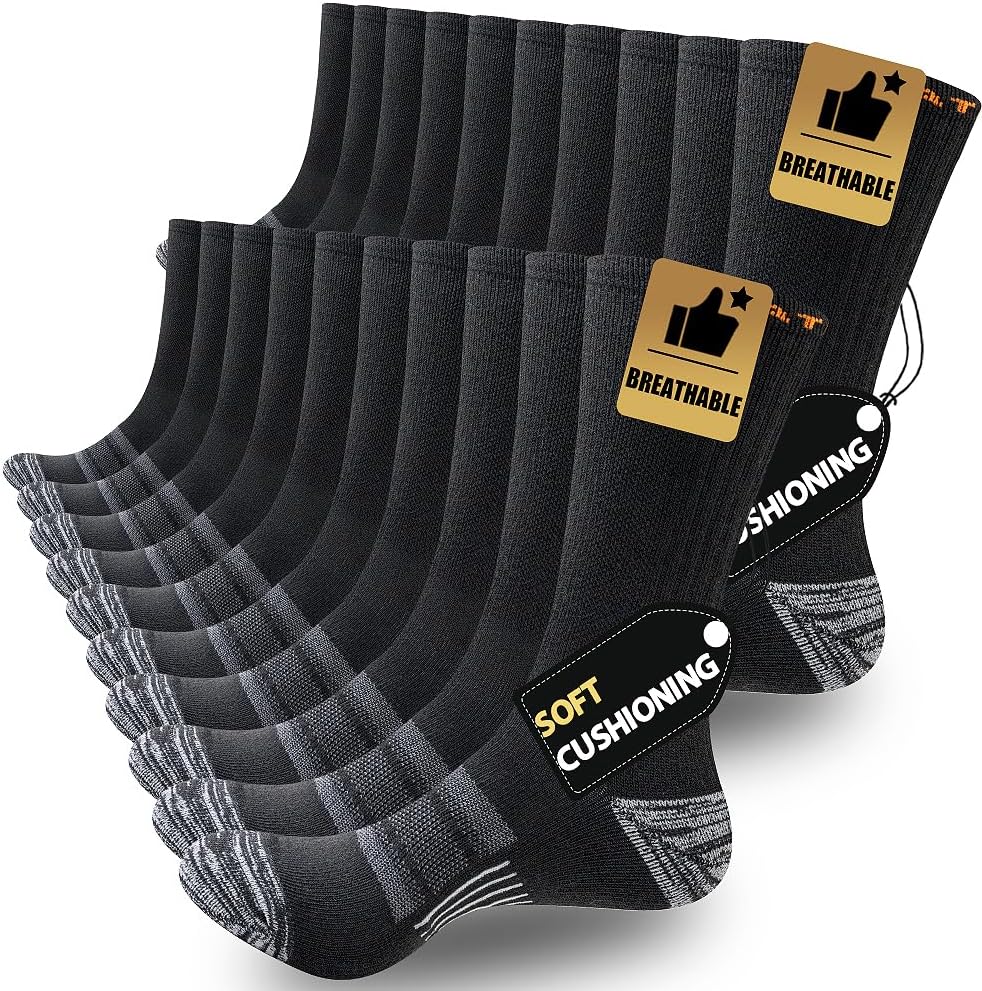 JOYNÉE 5/10 Pairs Mens Lightweight Athletic Crew Cushioned Breathable Work High Calf Long Boot Socks