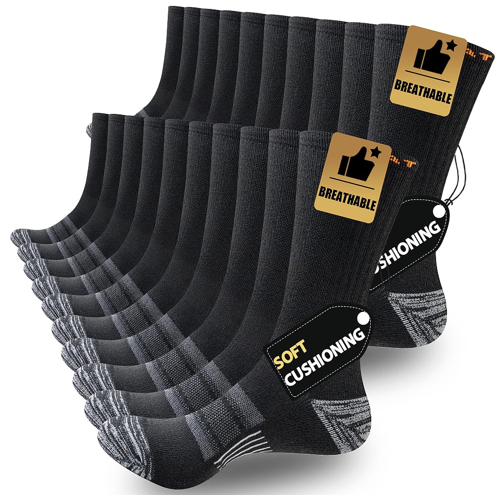 Photo 1 of JOYNÉE 10 Pairs Mens Lightweight Athletic Crew Cushioned Breathable Work High Calf Long Boot Socks,Black,Sock Size:13-15