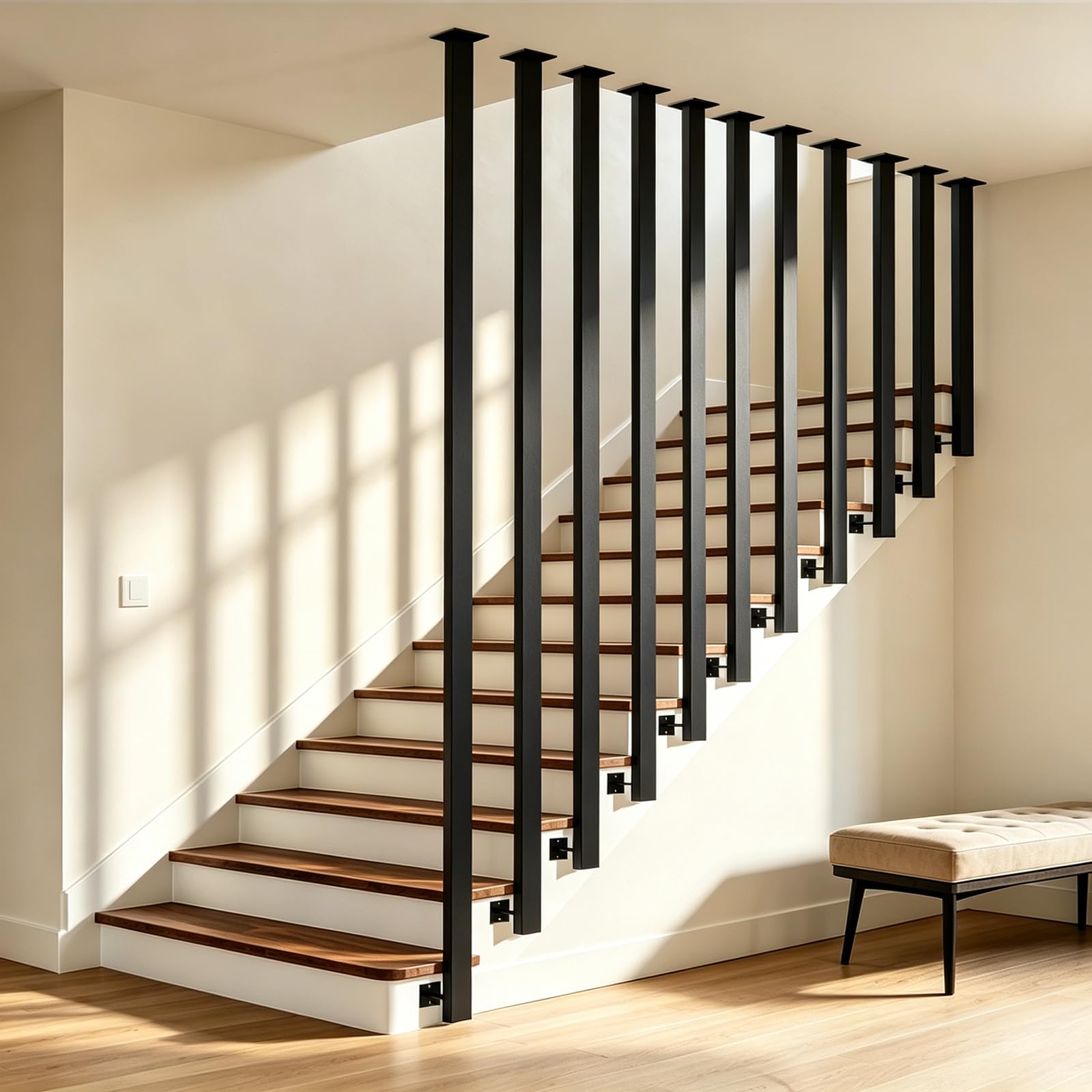 Rampe d'escalier en forme de L en métal noir pour grenier et duplex