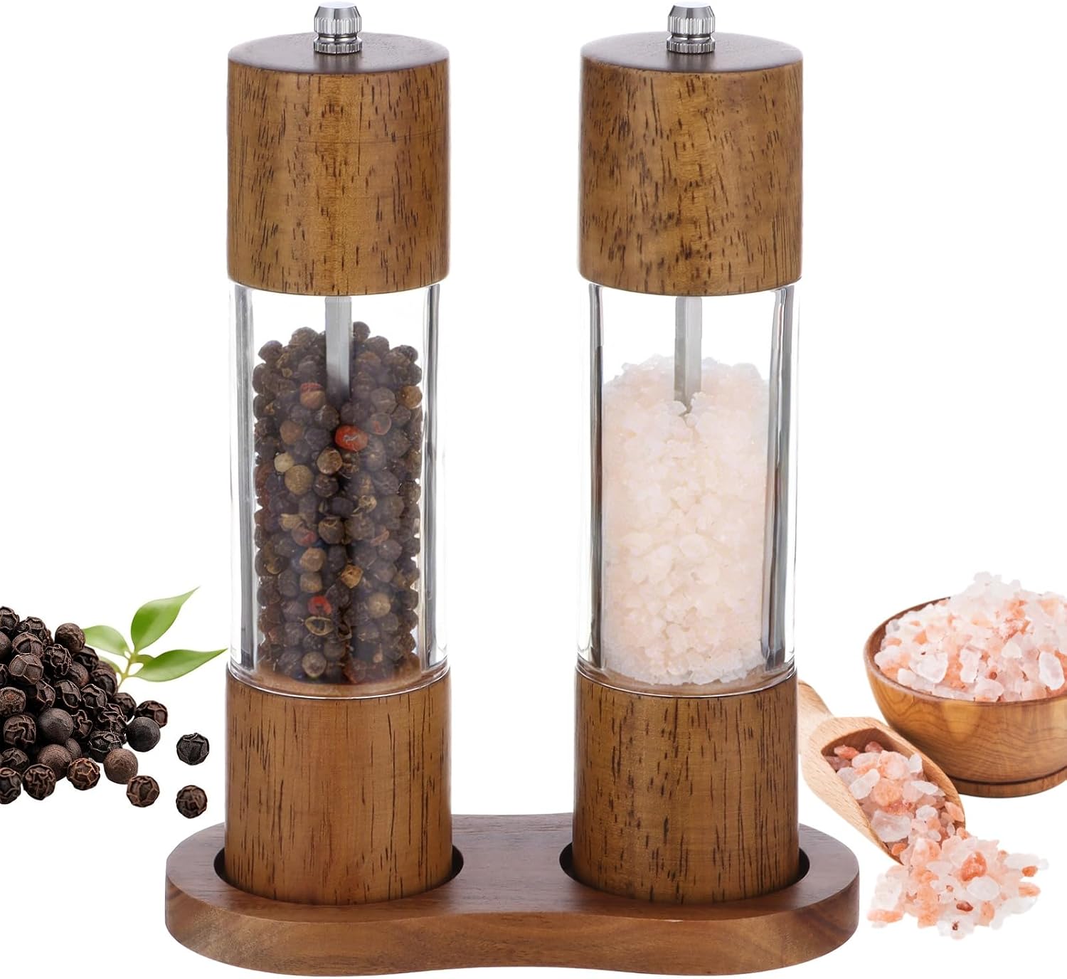 Acacia Wood Salt and Pepper Grinder Set, 2 Pcs 8.5" Wooden Salt and Pepper Shakers, Including Wooden Base, Refillable Spice Wooden Mills, Ideal for Kitchen, Dining Table