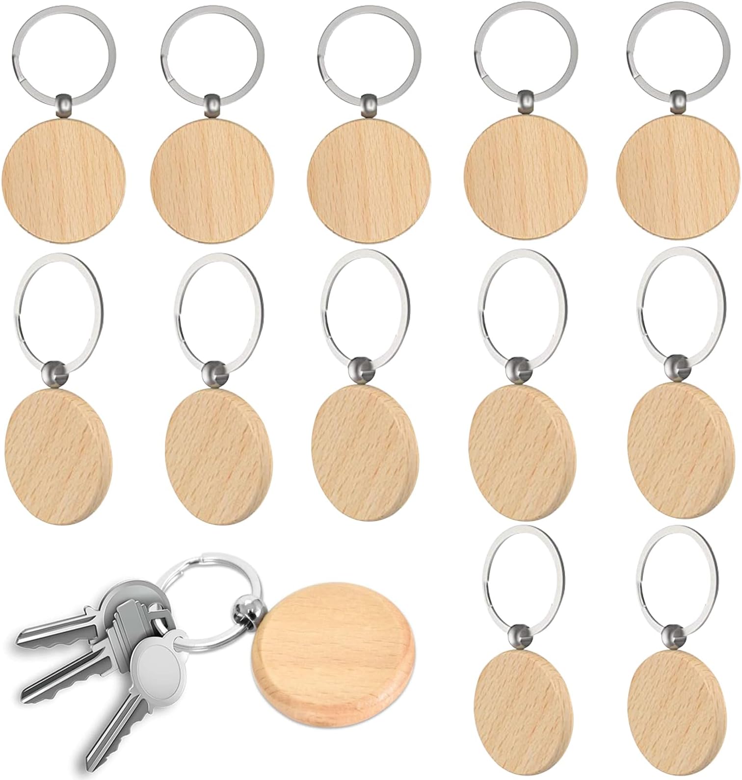 SVUPUE Wooden Keyring Blanks, 12 Pieces Wooden Key Chain, Round Wooden Keychain Keyring, DIY Wooden Keyrings, Personalised Wooden Key Ring, with Split Ring, for Painting, Decoration, Gifts