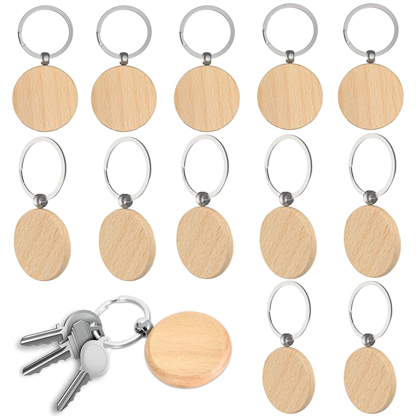 SVUPUE Wooden Keyring Blanks, 12 Pieces Wooden Key Chain, Round Wooden Keychain Keyring, DIY Wooden Keyrings, Personalised Wooden Key Ring, with Split Ring, for Painting, Decoration, Gifts