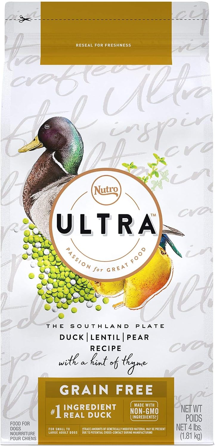 NUTRO ULTRA GRAIN FREE Adult Dry Dog Food Duck, Lentil, and Pear Recipe with a hint of thyme Dog Kibble, 4 lb. Bag
