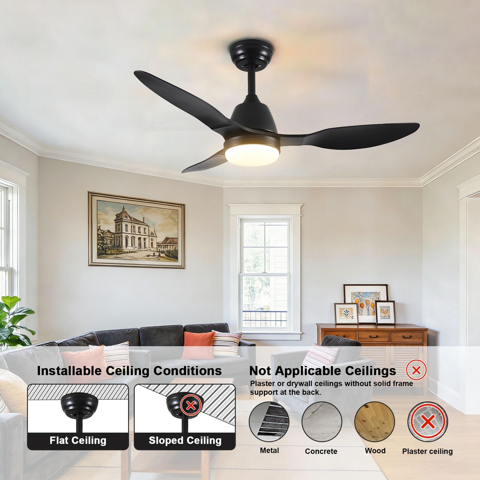 Ventilador de Techo Moderno Negro con luz, silencioso, Regulable, con Control Remoto Inteligente/App/Voz, 6 velocidades, Ideal para Dormitorio, Comedor y Sala de Estar.