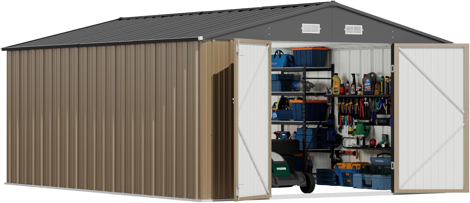Devoko 10x14 FT Outdoor Storage Shed with open doors and organized interior