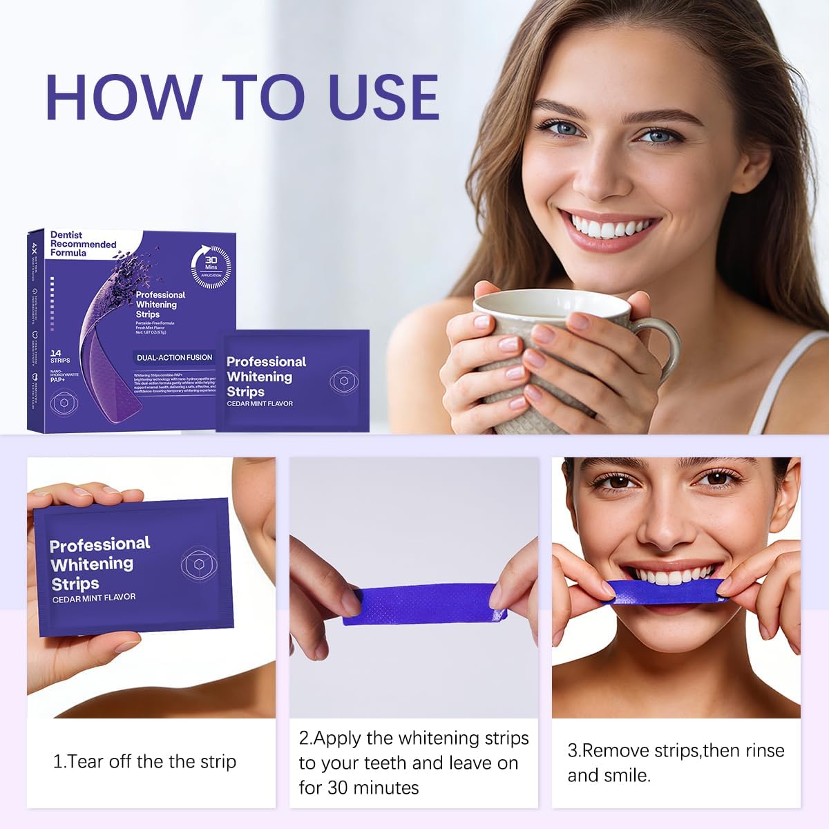 Teeth Whitening Strips, Enamel Safe for Sensitive Tooth, Whitens Teeth, Purple Whitening Strips, Removes Yellow Stains & Bad Breath - Effective Color Correction for a Brighter Smile（1BOX）
