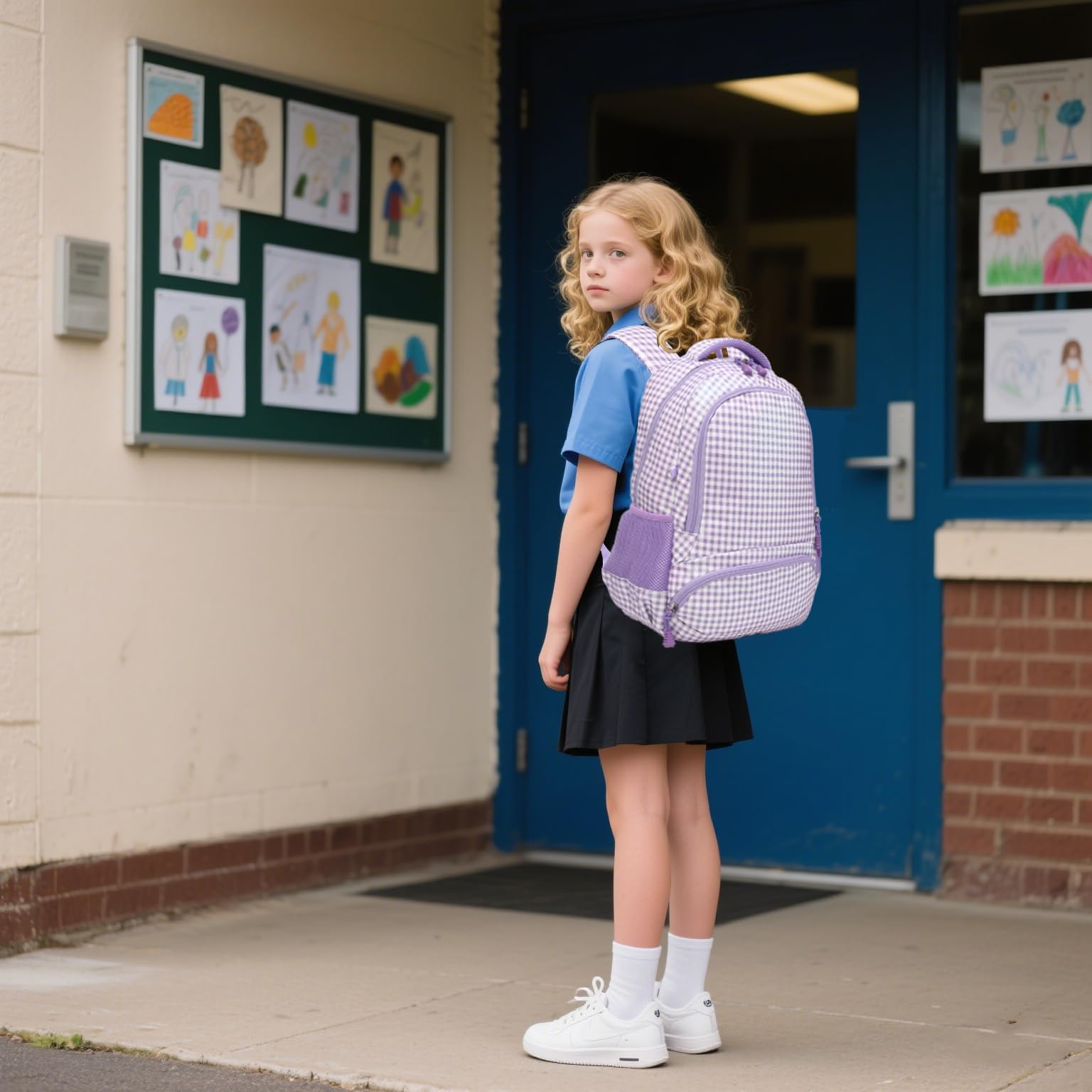 Zaino per ragazze a scacchi glitterati, 3 in 1, a scacchi, viola, con borsa per il pranzo, astuccio e cinturino toracico, per scuola materna e elementare