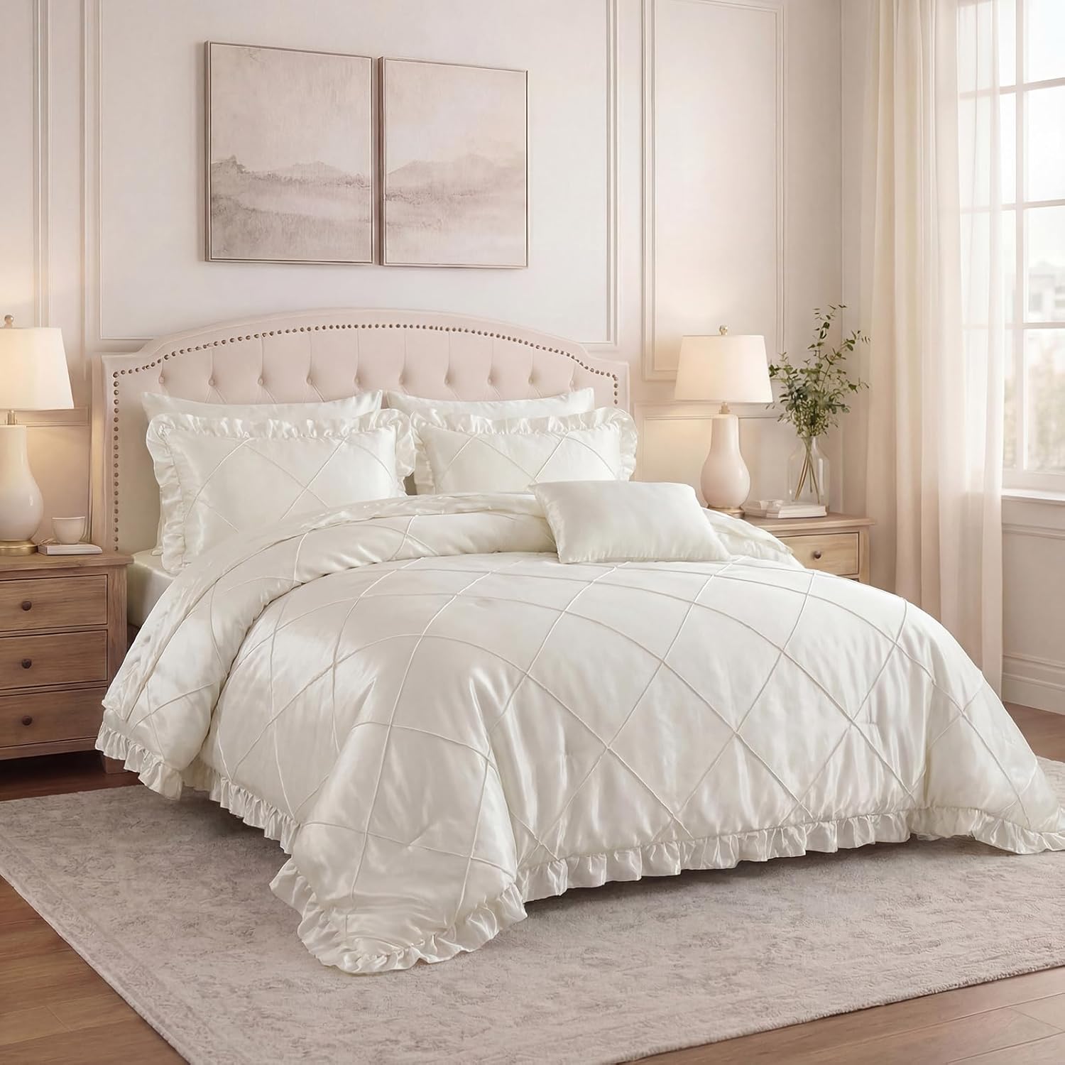 Satin Comforter Set King Beige Sheet Set Silk Like Bedding Set Silky Bed in a Bag 8 Pcs Pinch Pleat Bed Set Home Decor Luxury Hotel Silky Ruffle Comforters with 1 Cushion Cover