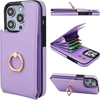 Folosu Compatible with iPhone 14 Pro Case Wallet with Card Holder, 360Â°Rotation Finger Ring Holder Kickstand, RFID Blocking Leather Protective Double Buttons Shockproof Cover 6.1 Inch Purple