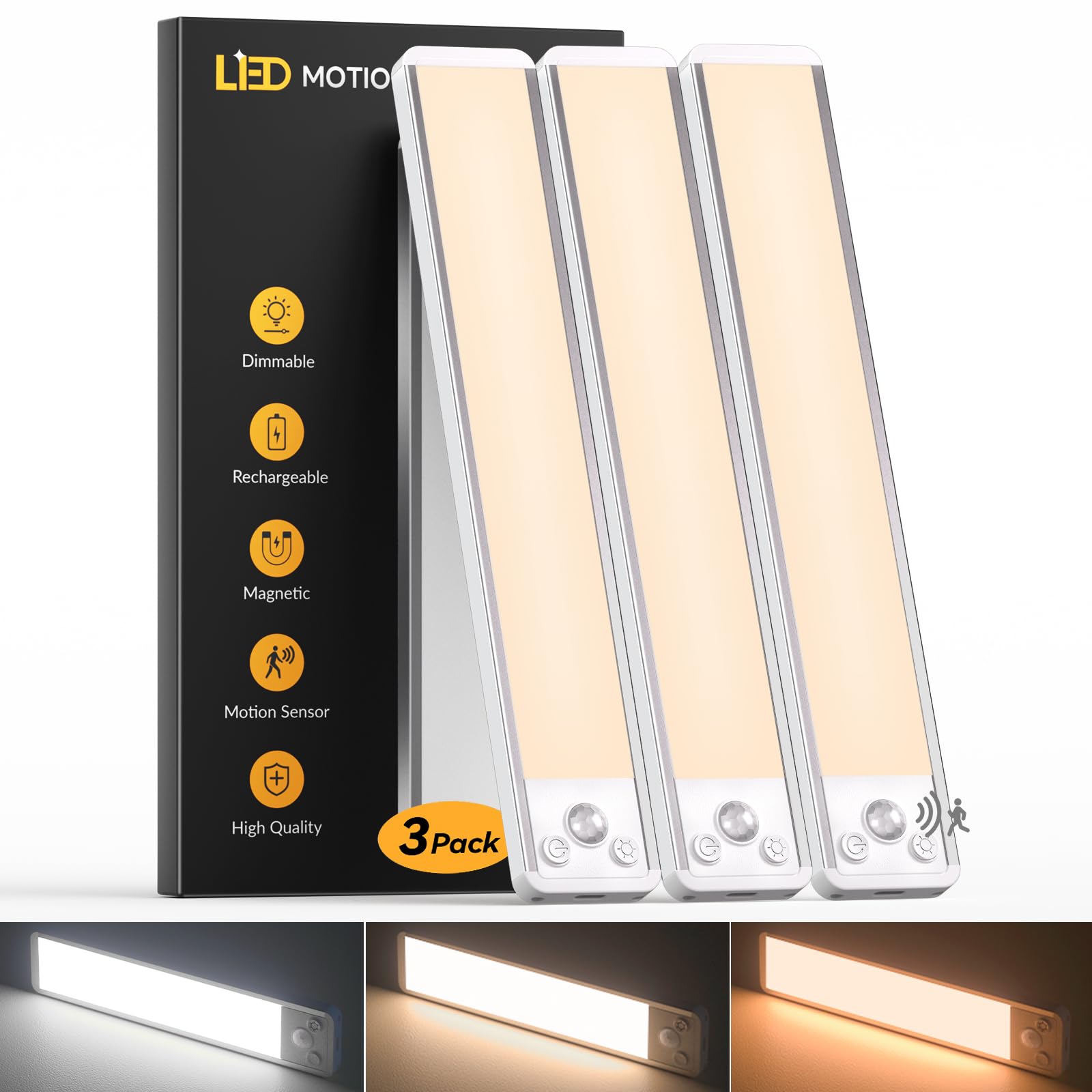 LED Schrankbeleuchtung mit Bewegungsmelder 25CM | 3-Farben Unterschrank Beleuchtung Küche Akku | Dimmbar & USB-C Wiederaufladbar | Magnetische Unterbauleuchte für Küche, Regal, Treppe (3 Stück)