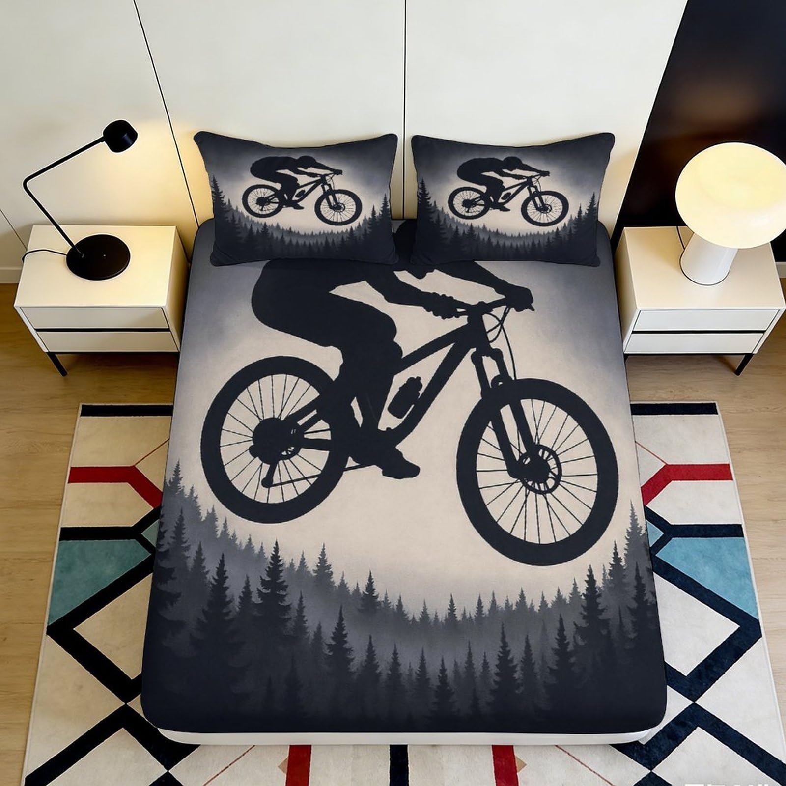 3D Printed Mountain Bike Forest Fitted Sheet Microfiber Durable Anti-Slip Bed Sheet for Bedroom Guest Room Decor 180x200x25cm