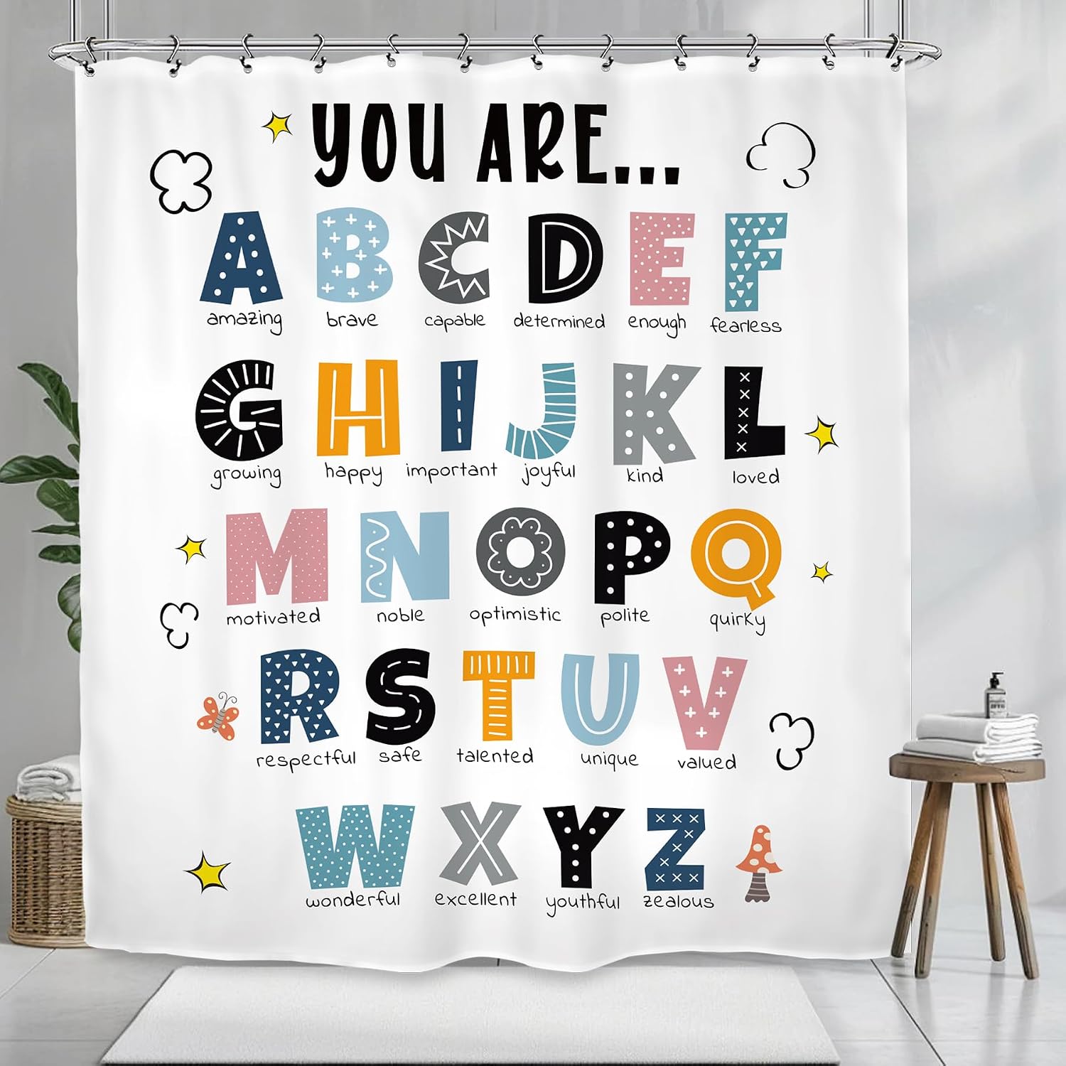 ABC Alphabet Kids Shower Curtain 72Wx72L Inch Educational Learning Tools Study Inspirational Motivational Positive Nursery Bathroom Set Accessories Decor with 12 Pack Hooks image 3