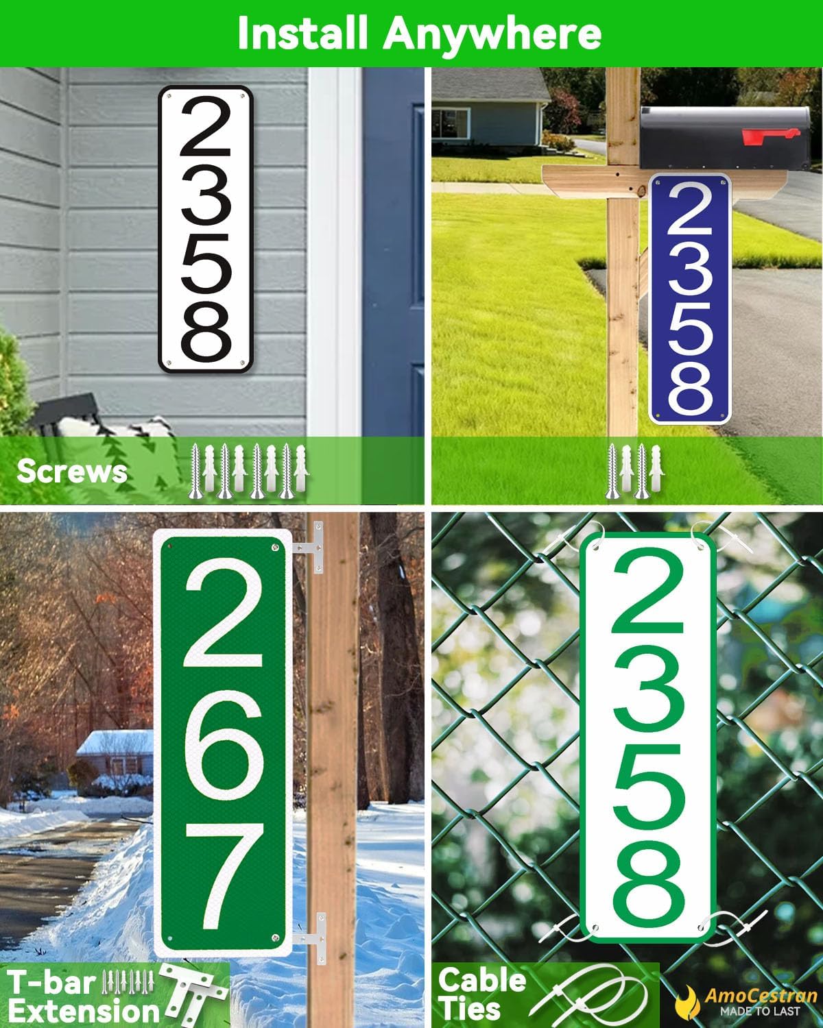911 Address Reflective Sign House Numbers - Custom Mailbox Plaques Address Signs for Houses Outside Driveway Yard Post - Heavy-Duty Solid Aluminum Rustproof Metal House Number Sign (Vertical)