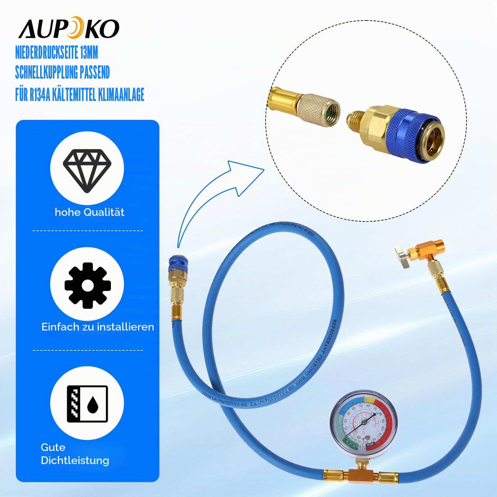Aupoko R134A Autoklimaanlage Kältemittel Ladeschlauch Set - 150 cm Messschlauch mit 250 PSI Manometer & Schnellkupplung, Inklusive Can Tap Ventil für R134A/R12/R22, Ideal für Auto KFZ Klimaanlage