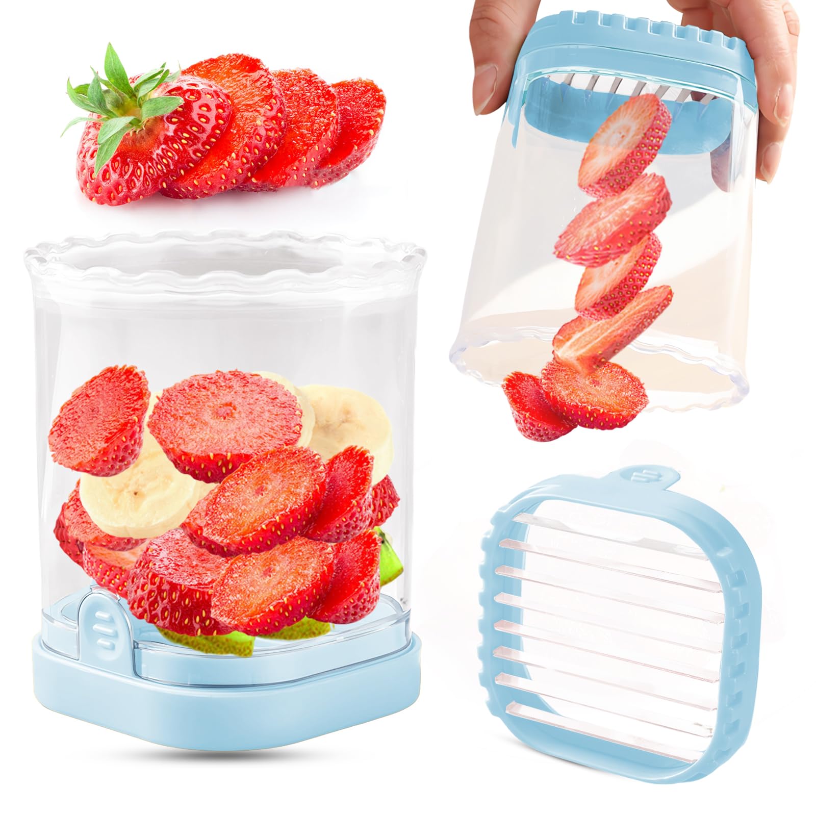 Creative Strawberry & Fruit Slicer - Detachable Cutter with Push Plate (Light Blue)