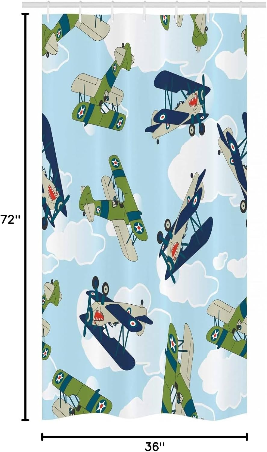 Ambesonne Airplane Stall Shower Curtain, Vintage Allied Plane Flying Pattern Cartoon Shark Teeth, Fabric Bathroom Decor Set with Hooks, 36" W x 72" L, Blue White Olive Green