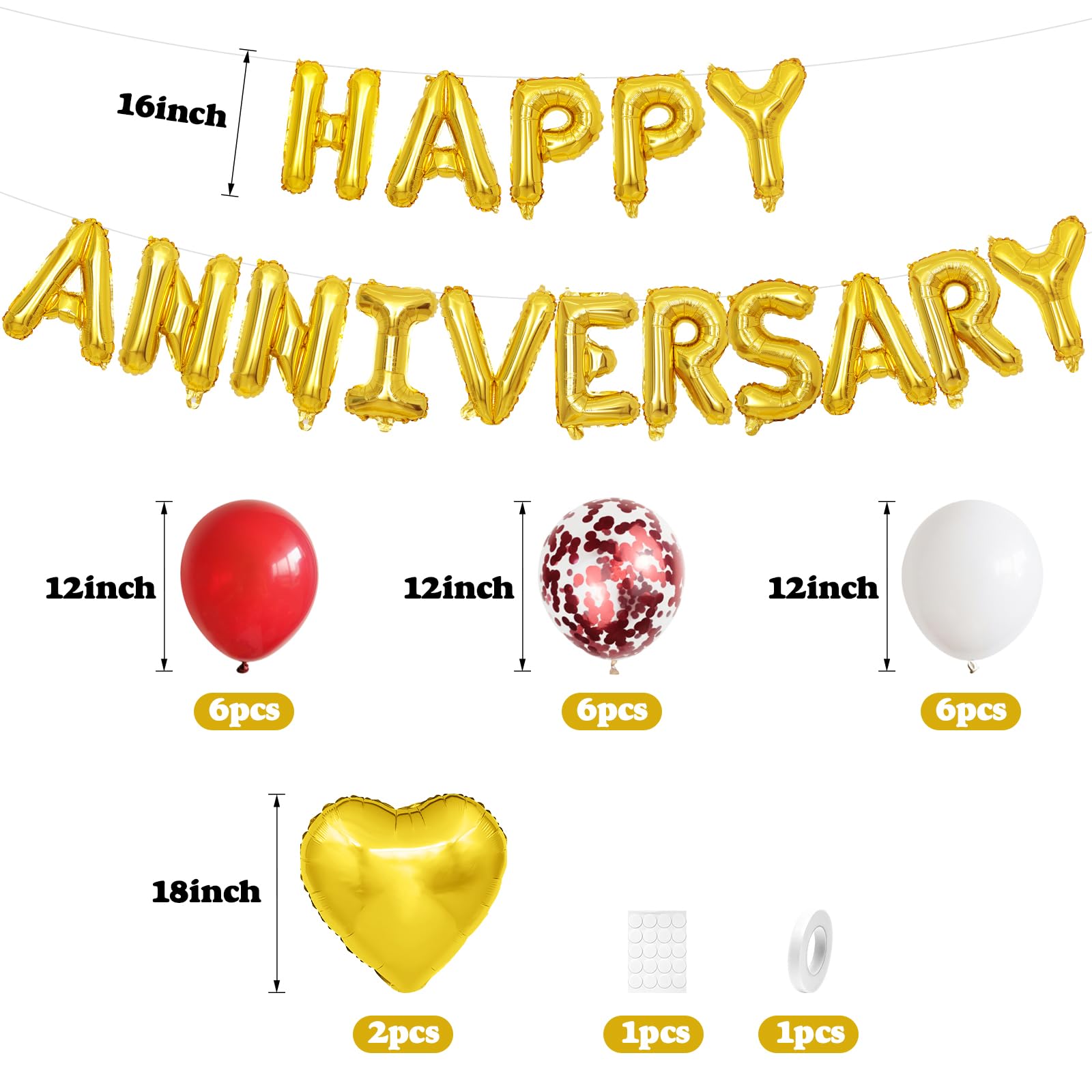 Anniversary Decorations Red Gold,Happy Anniversary Foil Balloon Banner with Confetti Balloons,Latex,Foil Heart Balloons for Celebrations Surprise Events Romantic Night Weddings - Image 2