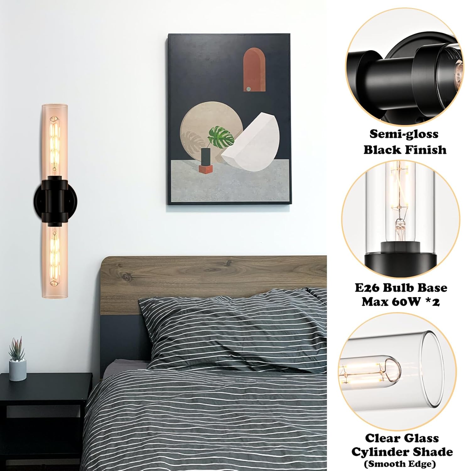 Farmhouse Black Wall Sconce 2-Light Cylinder Bathroom Vanity Lights with Clear Glass Shade 20-Inch Modern Matte Black Glass Sconces Wall Lighting for Bedroom Hallway Staircase