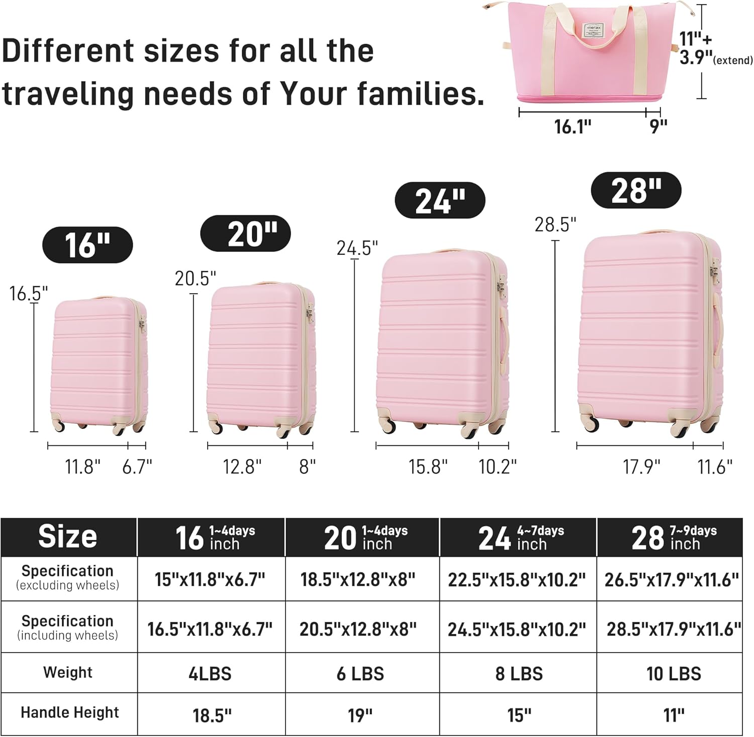 Merax Luggage Set, 13 Piece Suitcase Set with Travel Bag, 16 20 24 28 Inches Carry on Luggage with TSA Lock Expandable,Hard Case Suitcases with Spinner Wheels,Light Pink