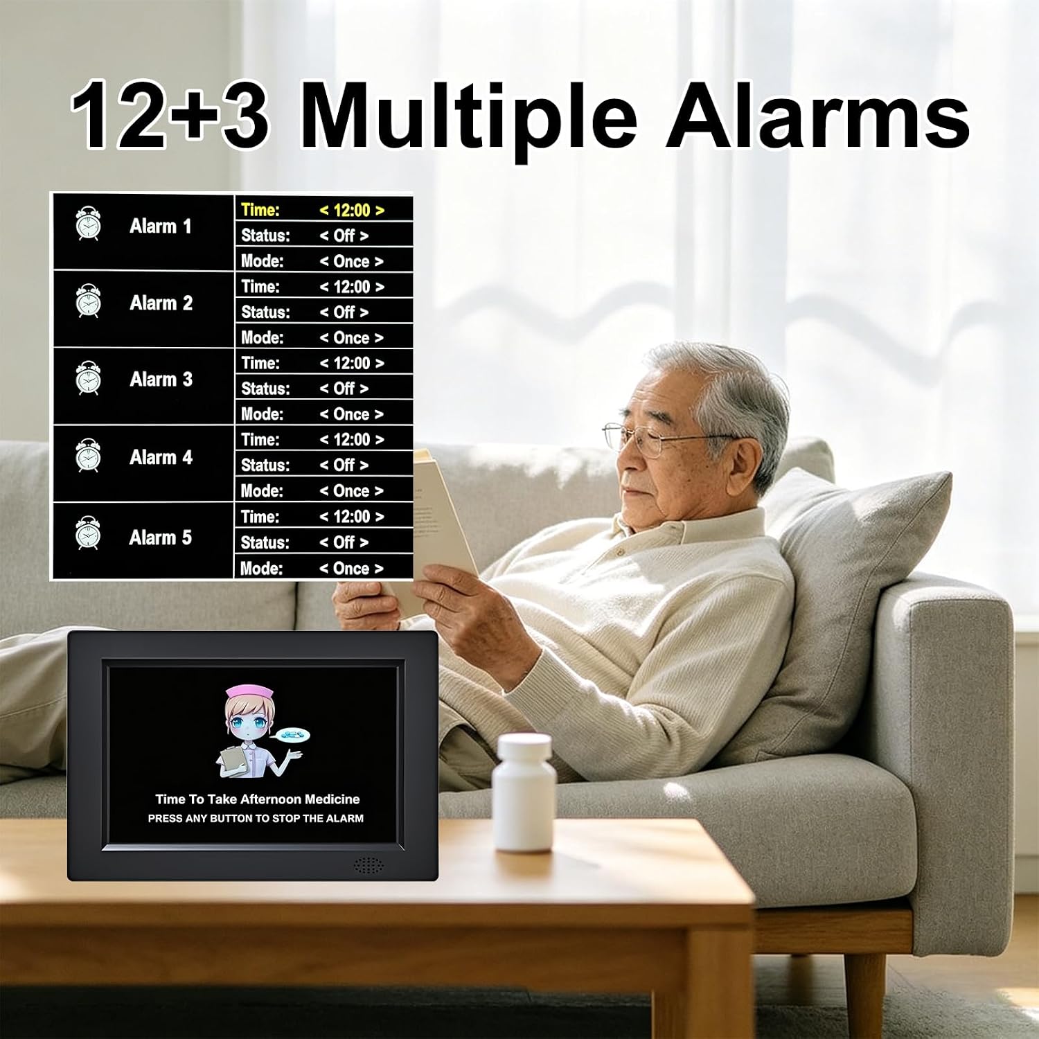 8 Inch Black Digital Dementia Clock, Large Display Calendar Clock, 15 Medication Reminders, Auto DST, Auto Brightness Adjustment, Equipped with Remote Control
