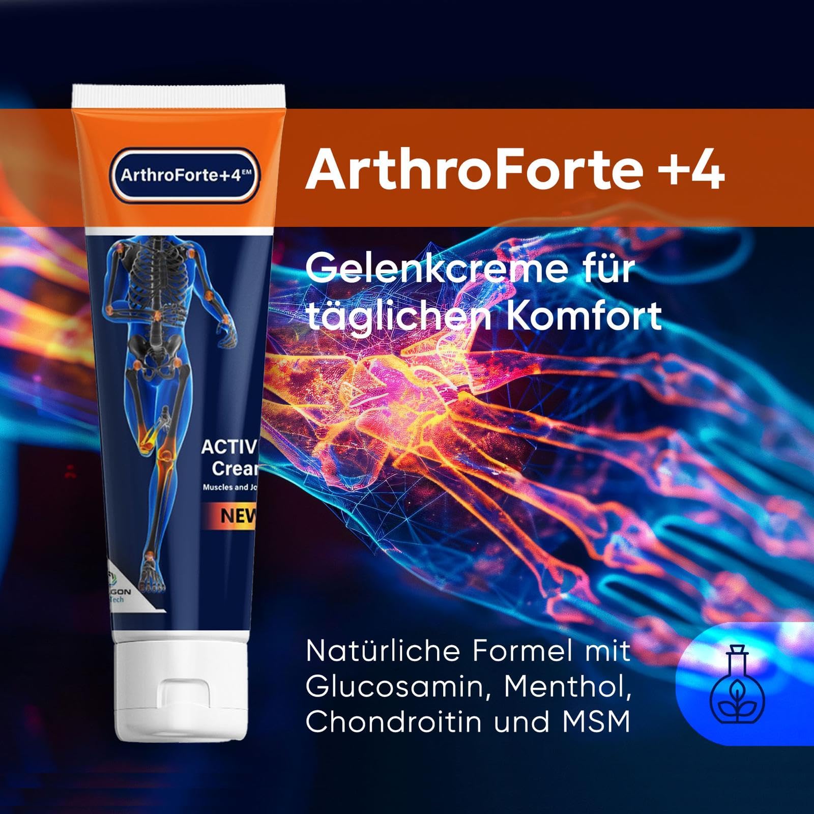 AthroForte +4em Creme gegen Arthrose – Kühlender Effekt für Muskeln und Gelenke – Mit Natürlichen Extrakten aus Menthol und Eukalyptus – Für Hände, Füße, Schultern und Knie – 100 ml