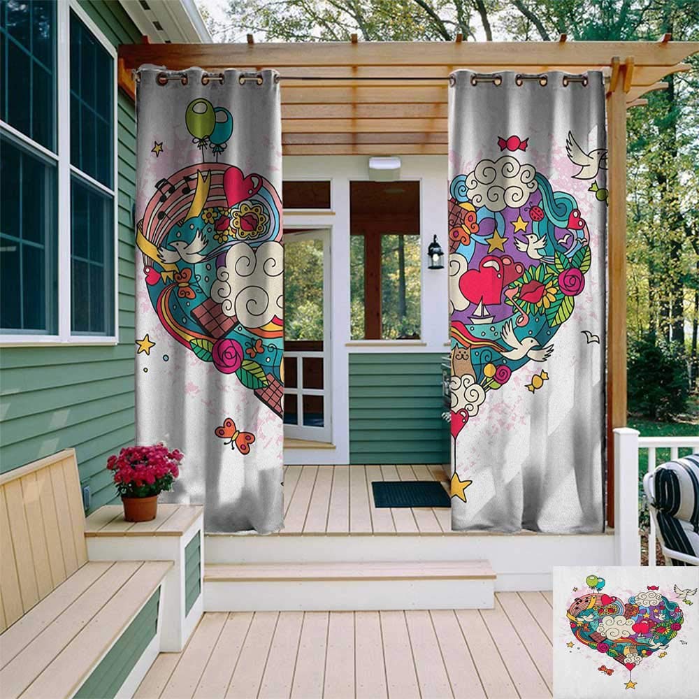 leinuoyi Doodle, Porch Curtains Outdoor Waterproof, Hand Drawn Love Doodle Style Clouds Cats and Birds Baloons Giant Valentines Heart, Set for Patio Waterproof W72 x L96 Inch Multicolor