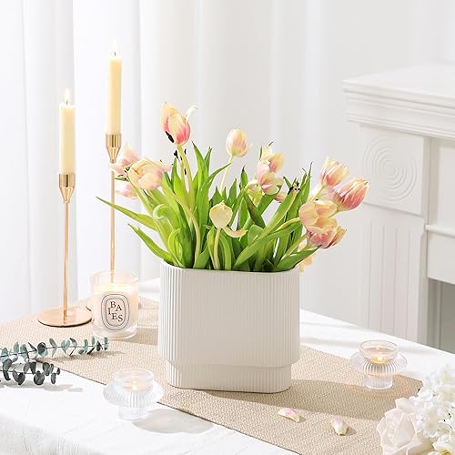 Miniatura 6 de YANWE1 Florero de cerámica blanca, jarrón decorativo, florero bohemio, jarrón moderno, jarrón acanalado, jarrón rectangular, jarrón de hierba de las