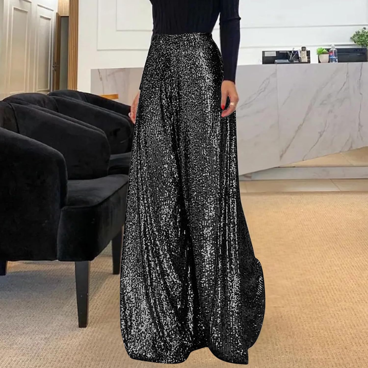 Women's Summer Sequin Trousers High Waist Sparkly Lounge Pant Pleated Wide Leg Shiny Pants Going Out Party Outfits