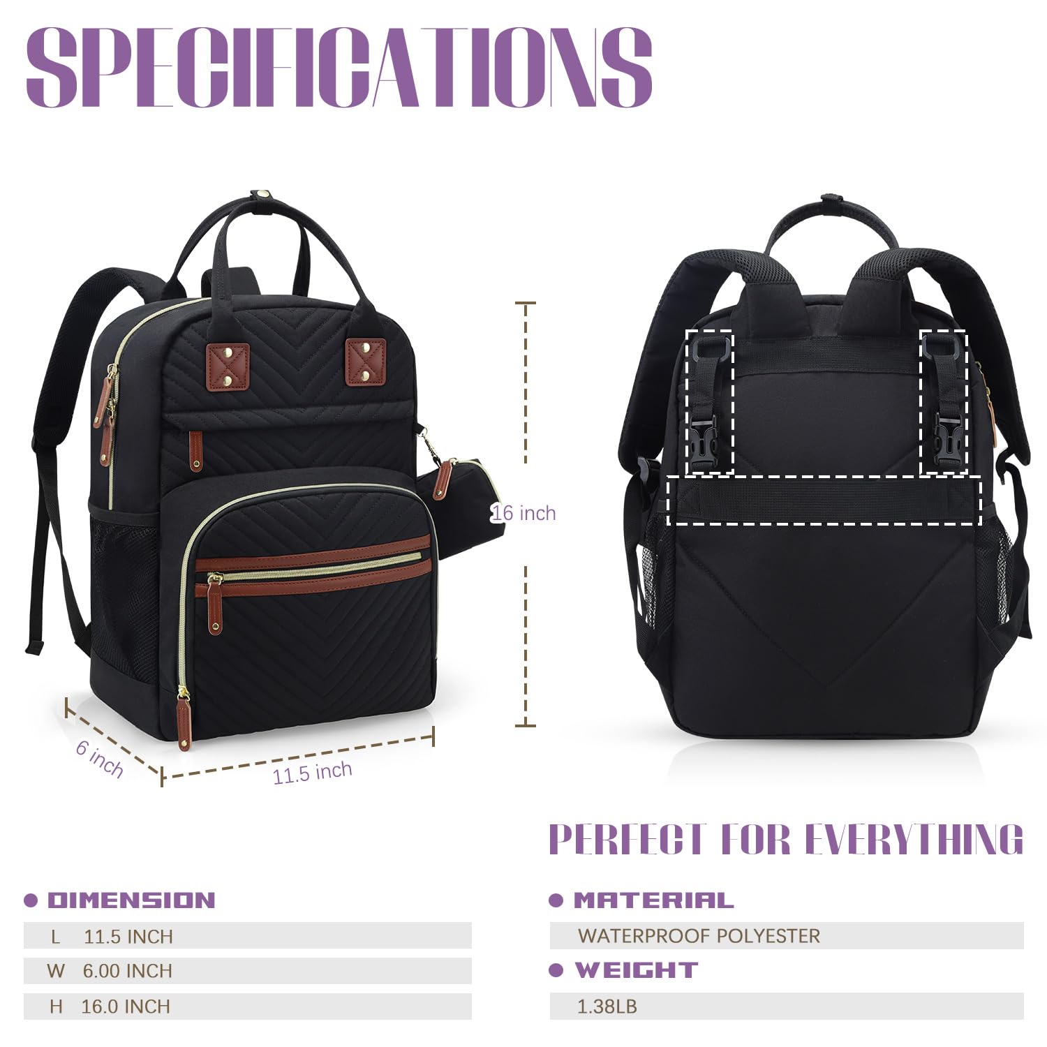 Tuwubi Diaper Bag Backpack, Baby Essentials Travel Tote Bag, Multi function Waterproof Backpacks, Travel Essentials with Stroller Straps & Pacifier Case - Black - Image 7