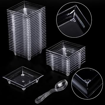 100 Pack Mini Dessert Plates with Spoons, 1 oz Clear Plastic Reusable Plates for Desserts, Sauces, Fruit, Appetizers, Cake Tastings (2.4'')