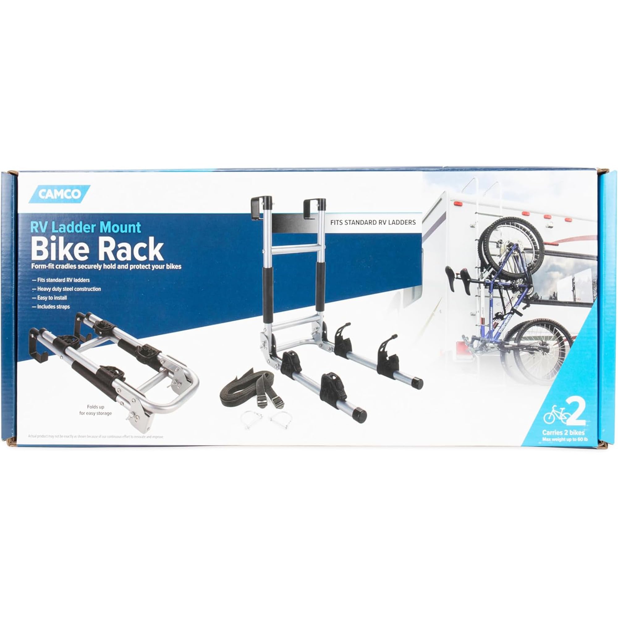 Camco Rastrelliera per Bici per Camper, Si installa Facilmente su Scale Standard per Camper, Contiene Due Biciclette contemporaneamente, Si Piega per riporlo Comodamente (51492), Nero