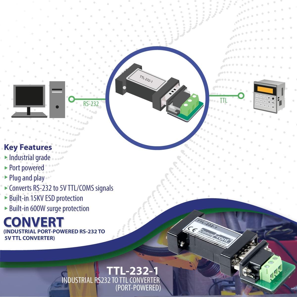 COMMFRONT Industrial RS232 to TTL Converter, Port-Powered, 600W Surge Protection and 15kV Static Protection