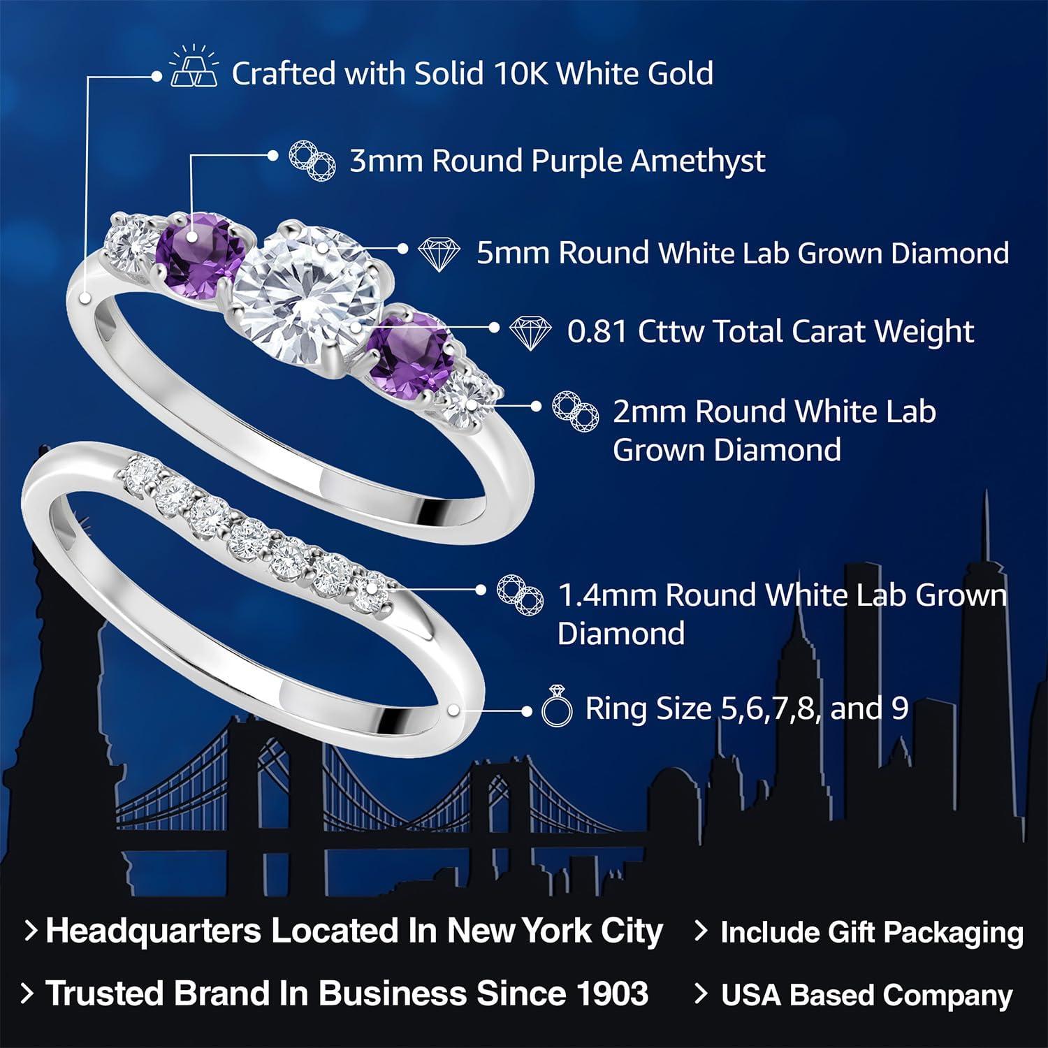 Gem Stone King 10K White Gold White Lab Grown Diamond and Purple Amethyst 5 Stone Bridal Engagement Wedding Ring Set For Women | 0.81 Cttw | Round: 5MM and 3MM | Available In Size 5, 6, 7, 8, 9