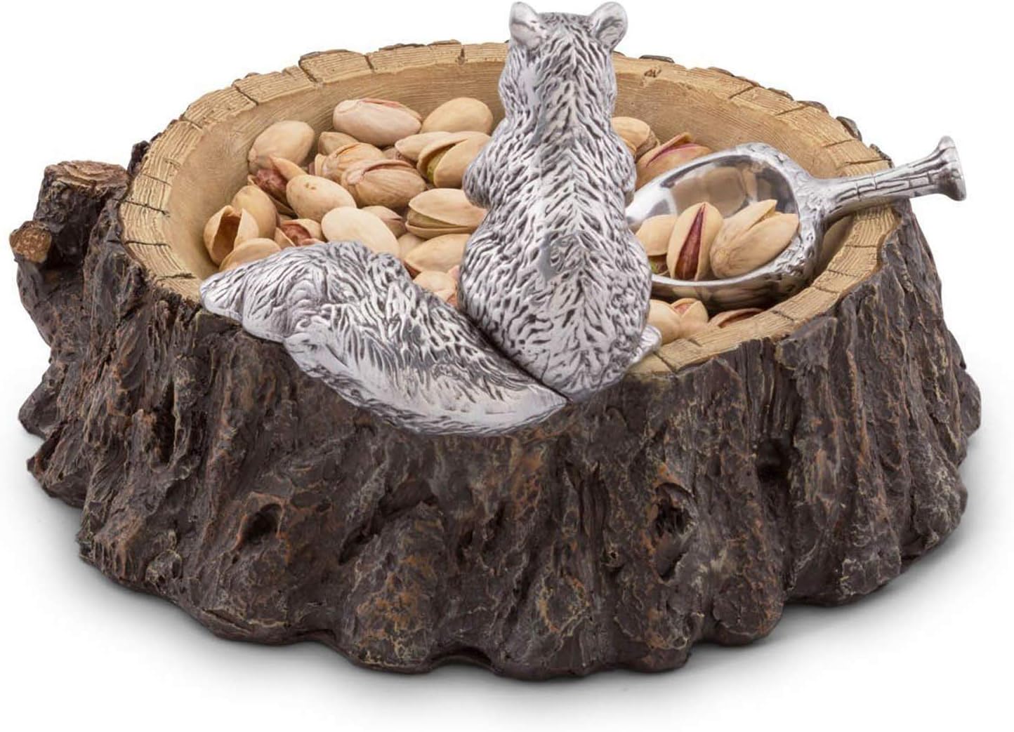 Arthur Court Designs Aluminum Standing Squirrel on Log Nut/Candy/Snack Bowl Dish 7 inch Diameter